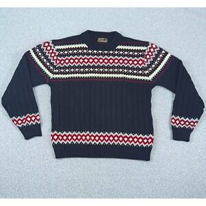 Vintage JCPenney Mens Fair Isle Cable Knit Sweater Black Red White 80s Medium